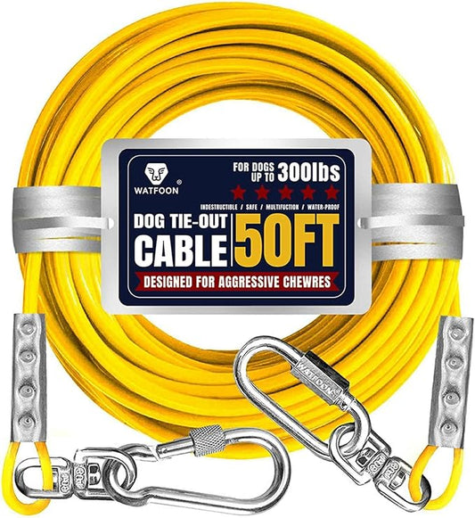 Tie Out Cable for Large Dogs, Dog Runner for Yard, Heavy Duty Swivel Hooks Lead Holds Break Strength of 1000lbs, Steel Wire Chain Dog Leash Cable for Yard (Yellow 50FT)