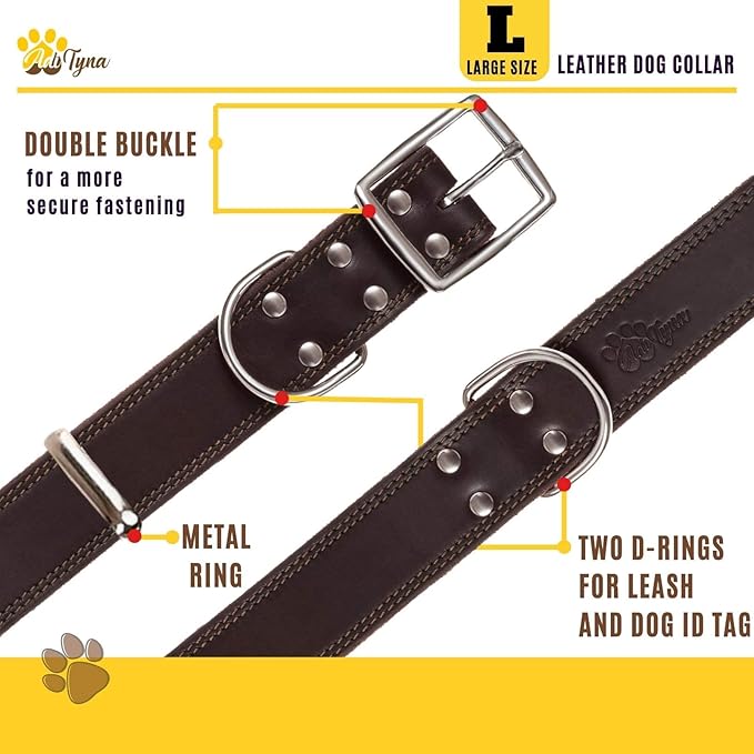 ADITYNA Heavy Duty Leather Dog Collar for Large Dogs - Soft and Strong Leather Collar for Walking, Training, Hunting, and Running (Large: Fit 17" - 23" Neck, Brown)