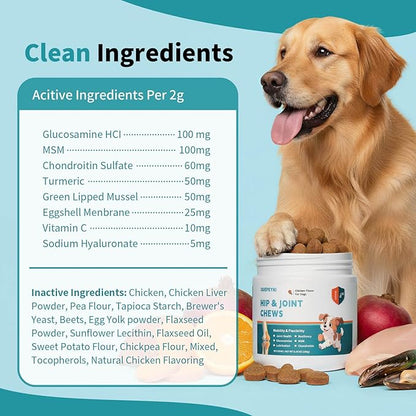 Glucosamine for Dogs Hip and Joint Supplement for Dogs Chews with Glucosamine Chondroitin Omega 3 MSM and Turmeric for Pain Relief, Mobility & Hip Care- Chicken Flavor, 90 Ct