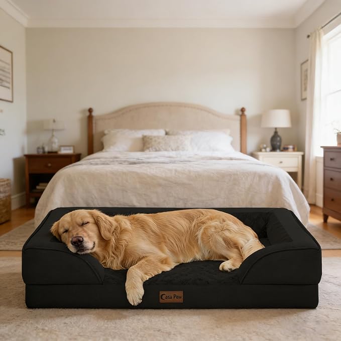 Casa Paw Orthopedic Dog Beds for Large Sized Dogs, Waterproof Memory Foam Large Pet Bed with Sides 35x22Inch, Non-Slip and Egg-Crate Foam Big Dog Couch Bed with Removable Washable Cover, Black