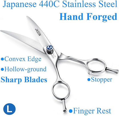 JASON 7" Curved Dog Grooming Scissors, Cats Grooming Shears Pets Trimming Kit with for Left Handed Groomers, Sharp, Comfortable Shear Christmas Gift