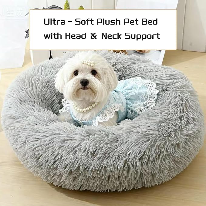Comfort Donut Dog Bed for Small Dogs, Cat Bed & Pet Bed for Indoor Use, Medium Size with Soft Plush, Round Dog Beds for Large Dogs and Cats (Light Gray, 20''Lx20''Wx8''Th)