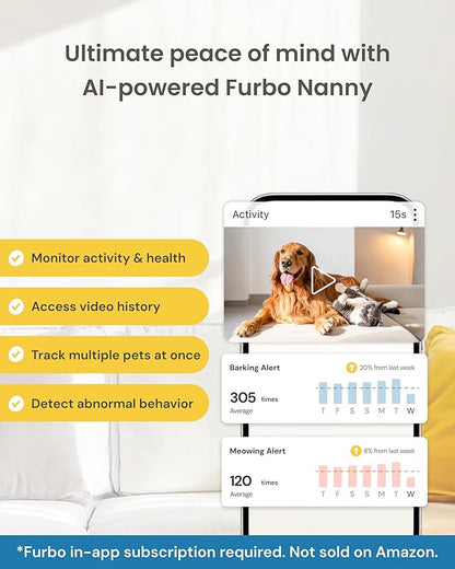 Furbo Mini 360° [Subscription Required] New 2K QHD Pet Camera - Unlock w/Paid Plan: Dog & Cat Safety Alerts, Rotating Treat Toss w/ 2-Way Speaker Smart Cam (Low Risk, 3mo Min. Cancel Anytime)