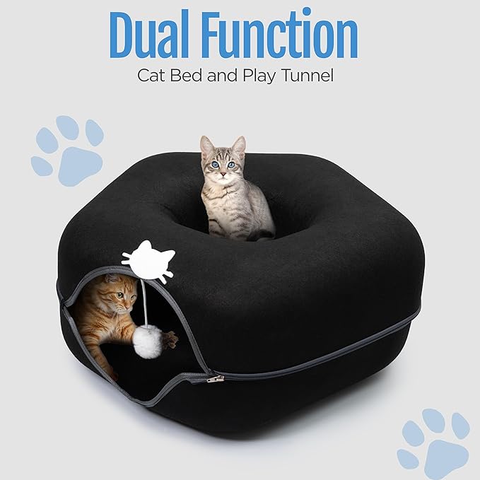 Meow Mansion Hexagon Cat Cave Donut Bed - for Medium and Small Size Cats - 3 Toy Balls & Hanging Ball Included - Scratch Resistant, Detachable and Cleanable Heaxgon Bed