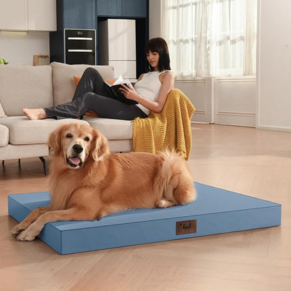Tail Stories Outdoor Large Washable Dog Bed, Orthopedic Egg Crate Foam Dog Crate Mat for Large Dogs with Removable Oxford Cooling Cover, Blue