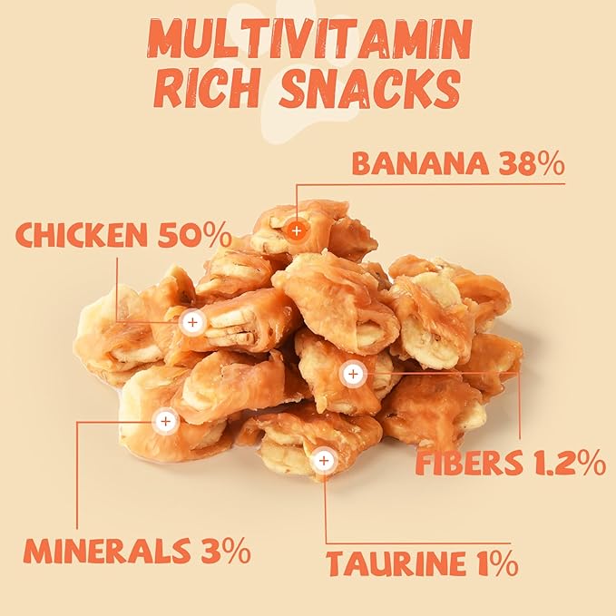 Pawmate Dog Treats Chicken Wrapped Banana Slices with 1% Taurine, Healthy Training Snacks Rich in Natural Fiber, Rawhide-Free Grain-Free Soft Chews for Small Medium Dogs, 10.6 oz