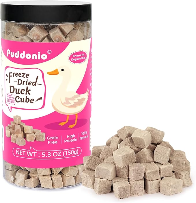 Puddonio Freeze Dried Cats & Dogs Raw Treats, All Natural Single Ingredient Duck Breast, High Protein Healthy Pet Training Treats or Food Topper, 5.3 oz