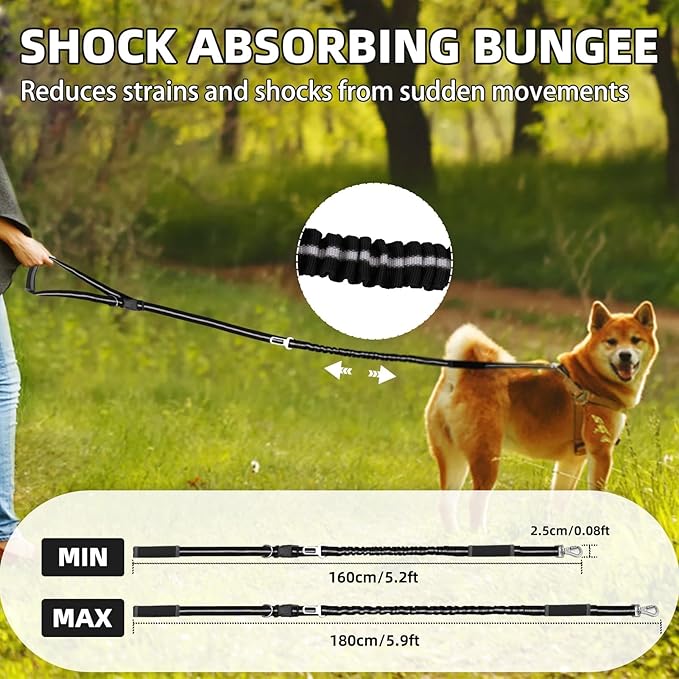 PUPTECK Heavy Duty Bungee Leash for Medium Large Dogs, No Pull Tactical Dog Leash with Double Handles for Training, Reflective with Car Seatbelt and Quick Release Buckle, Black