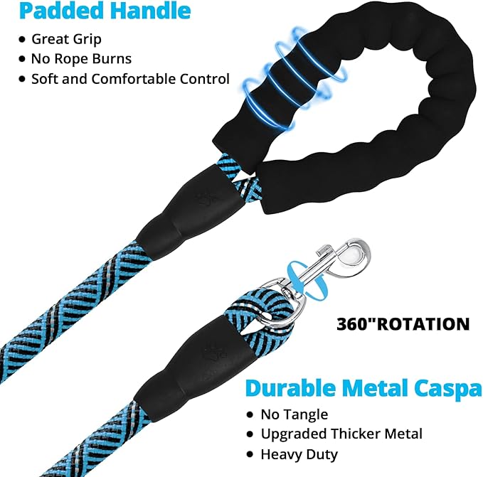 Long Dog Leash 20 FT: Heavy Duty Rope Leashes for Dogs Training with Swivel Lockable Hook Reflective Threads Bungee and Padded Handle - Dog Lead for Large Small Medium Dogs Outside Walking Hiking Blue