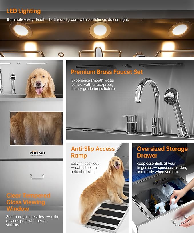 POLIMO Dog Washing Station, LED Professional Stainless Steel Dog Bathing Station 61", Dog Grooming Tub for Large, Medium & Small Dog - with Window, Ramp, Drawer, Floor Grate & Faucet (Left Ramp, 61")