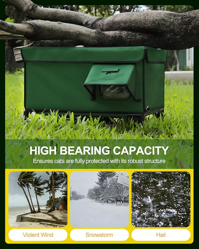 Heated Cat House for Outside,Dual Camera Mounts,100% Weatherproof & Extremely Insulated,Elevated Feral Cat Shelter with Escape Door,Waterproof Eaves for Outdoor Stray Barn Cat(Army Green,M)