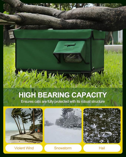 Heated Cat House for Outside,Dual Camera Mounts,100% Weatherproof & Extremely Insulated,Elevated Feral Cat Shelter with Escape Door,Waterproof Eaves for Outdoor Stray Barn Cat(Army Green,M)