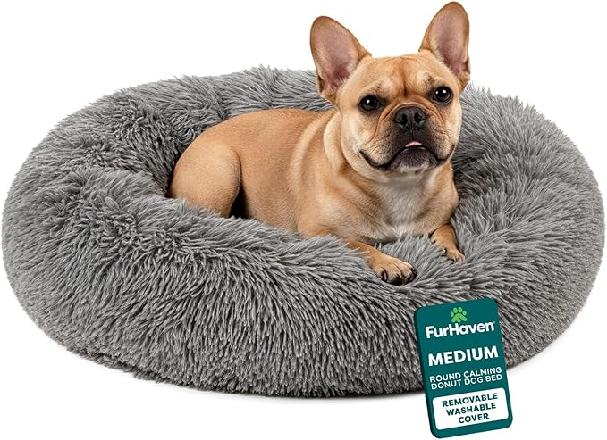 Furhaven 30" Round Calming Donut Dog Bed for Medium/Small Dogs, Refillable w/ Removable Washable Cover, For Dogs Up to 45 lbs - Shaggy Plush Long Faux Fur Donut Bed - Gray, Medium