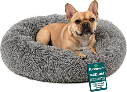 Furhaven 30" Round Calming Donut Dog Bed for Medium/Small Dogs, Refillable w/ Removable Washable Cover, For Dogs Up to 45 lbs - Shaggy Plush Long Faux Fur Donut Bed - Gray, Medium