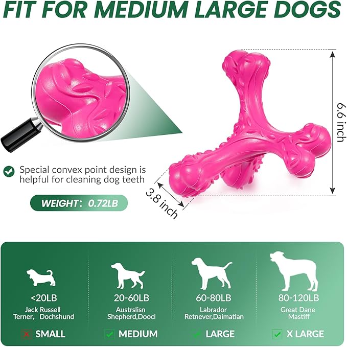 CVALIN Dog Chew Toys for Aggressive Chewers Large Breed,Indestructible Bones Toy，Durable Cleaning Toothbrush Natural Rubber Dog Toys… (Pink)