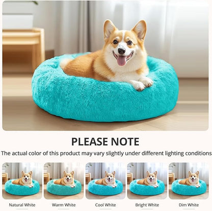 JOLLYVOGUE Calming Dog Bed Medium Size Dog, Anti-Anxiety Donut Medium Pet Bed, 27 inches Fluffy Faux Fur Round Cat Bed (Aqua Blue)