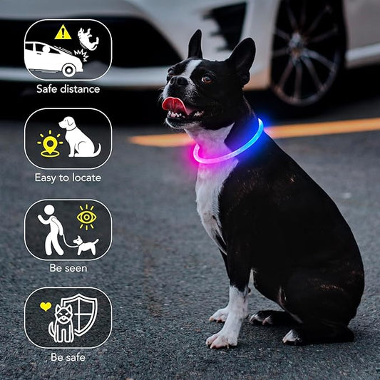 Colaseeme LED Dog Collar, Light Up Dog Collar 1 Count USB Rechargeable TPU Glow Safety Dog Necklace Light, Dog Lights for Medium Large Dogs (Pink+Blue)