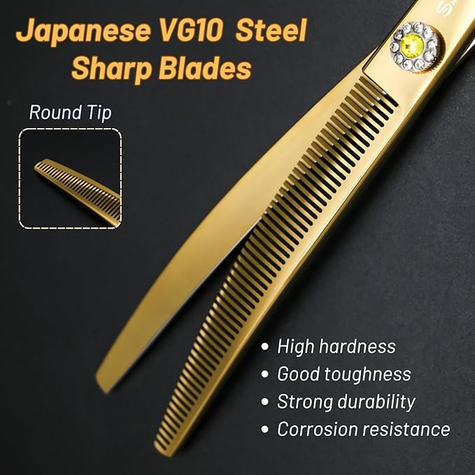 7.5inch Curved Thinner Professional Dog Grooming Scissors, 56 Teeth High-end Dog Shears Blender, VG10 Steel Sharp, 25 Degree Bend Cutting Scissors for Pet Groomers or Family Use, Thinning Rate 30%