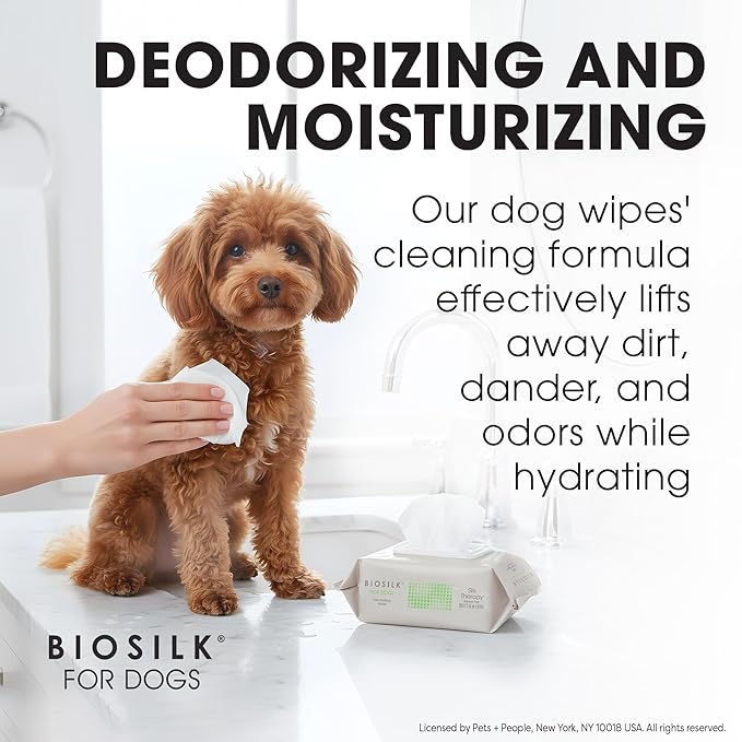 BioSilk for Dogs Deodorizing Wipes - Dog Wipes for Cleaning Deodorizing, Dog Paw Wipes - Infused with Silk Proteins & Vitamins, pH Balanced, Paraben Free