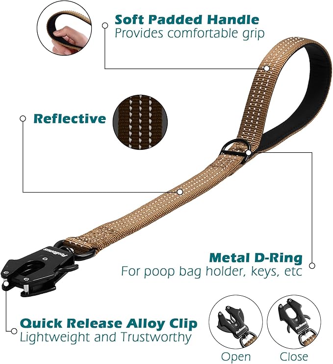 PetBonus Heavy Duty Short Dog Leash, 24 Inch Nylon Traffic Leash with Quick Release Clip, Comfortable Padded Handle, Reflective Training Lead for Medium Large Dogs (Brown, 24")