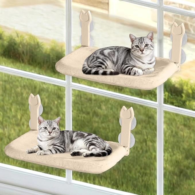 2 Pack Cat Window Perch,Cat Window Hammock Cordless Foldable Window Bed with 4 Large Strong Suction Cup,Reversible Cushion Cover,Metal Frame Easy to Adjust Window Seat Holds up to 40lbs(Beige，M