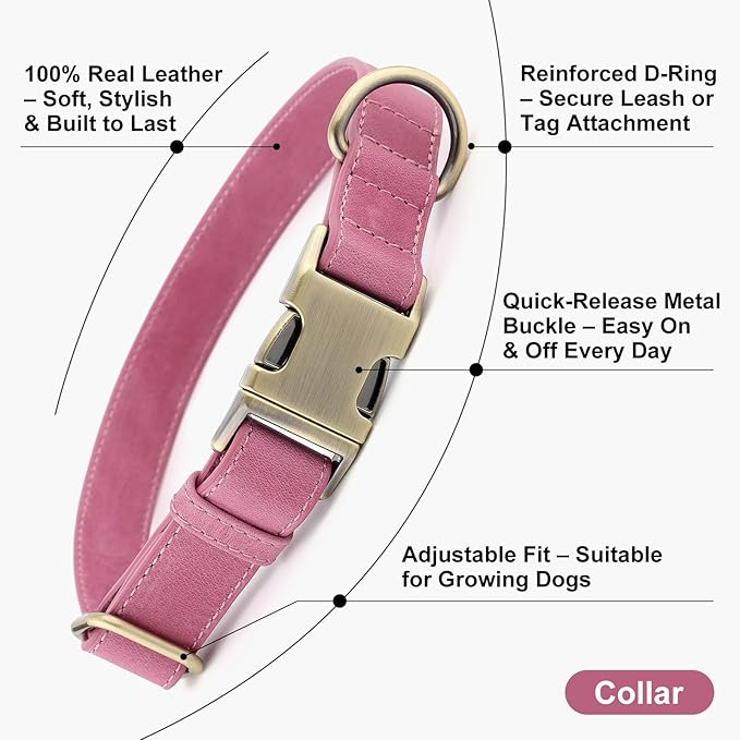 Plutus Pet Genuine Leather Dog Collar – Adjustable Pet Collar with Quick Release Metal Buckle, Soft Real Leather for Small Medium Large Dogs, Heavy Duty & Skin-Friendly (Pink, L)