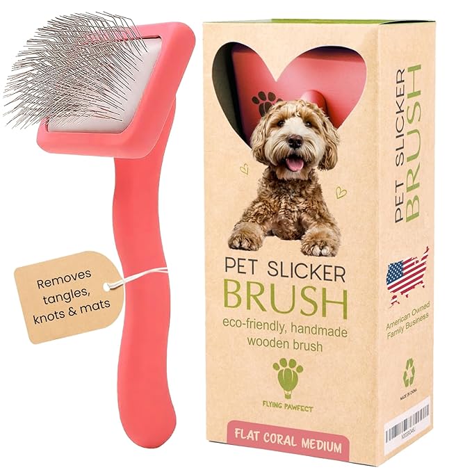 Pet Slicker Brush With Soft Massage Grooming Stainless Steel Pins - For Dematting, Shedding Fur, and Undercoat - Ideal Gift for Professional Pet Groomers - Long Slicker Brush (Coral, Flat Medium)