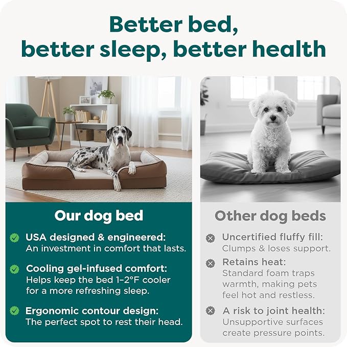 FurHaven Cooling Gel Dog Bed for Large Dogs, Perfect Comfort Sofa Bed with Cool Gel-Top Foam & Solid Orthopedic Foam Base for Joint Support, Washable Cover, Jumbo Plus XXL, Plush & Velvet, Brownstone.