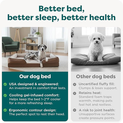 FurHaven Cooling Gel Dog Bed for Large Dogs, Perfect Comfort Sofa Bed with Cool Gel-Top Foam & Solid Orthopedic Foam Base for Joint Support, Washable Cover, Jumbo Plus XXL, Plush & Velvet, Brownstone.