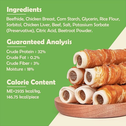 MON2SUN Dog Treats 5 Inch Chicken Wrapped Stuffed Rawhide Rolls with Beef and Chicken Liver, Rawhide Chews for Small and Medium Dogs, 21.2 oz (12 Count)