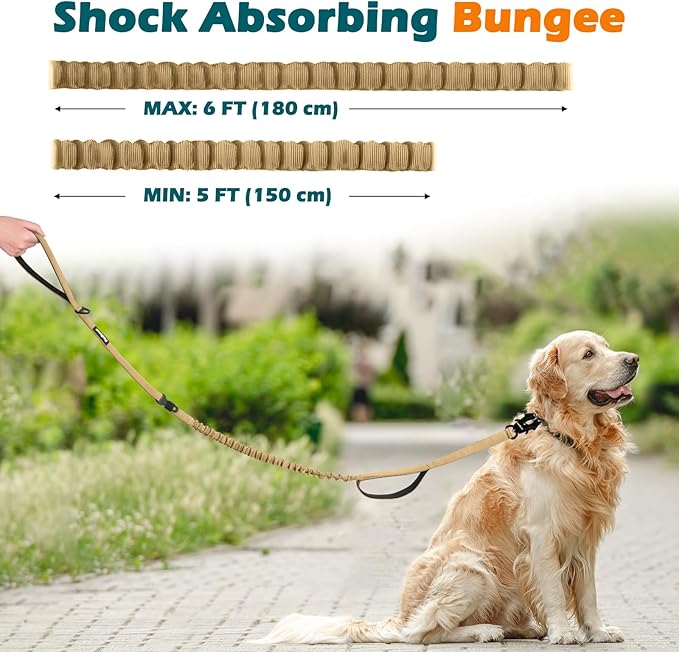 PetBonus Heavy Duty Tactical Dog Leash, 5 FT Bungee Shock Absorption Leash with 2 Padded Handles, Quick Release Metal Clip, Car Seatbelt, No Pull Training Lead for Large Medium Dogs（Khaki）