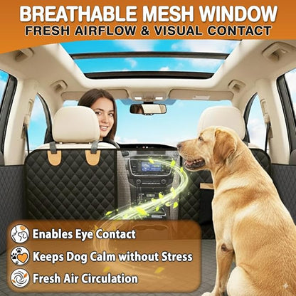 Back Seat Extender for Dogs – Hard Bottom Car Seat Cover for Dogs, Waterproof Rear Seat Protector with Mesh Window & Side Flaps, Fits Cars, SUVs, Trucks, Extra Space & Comfort