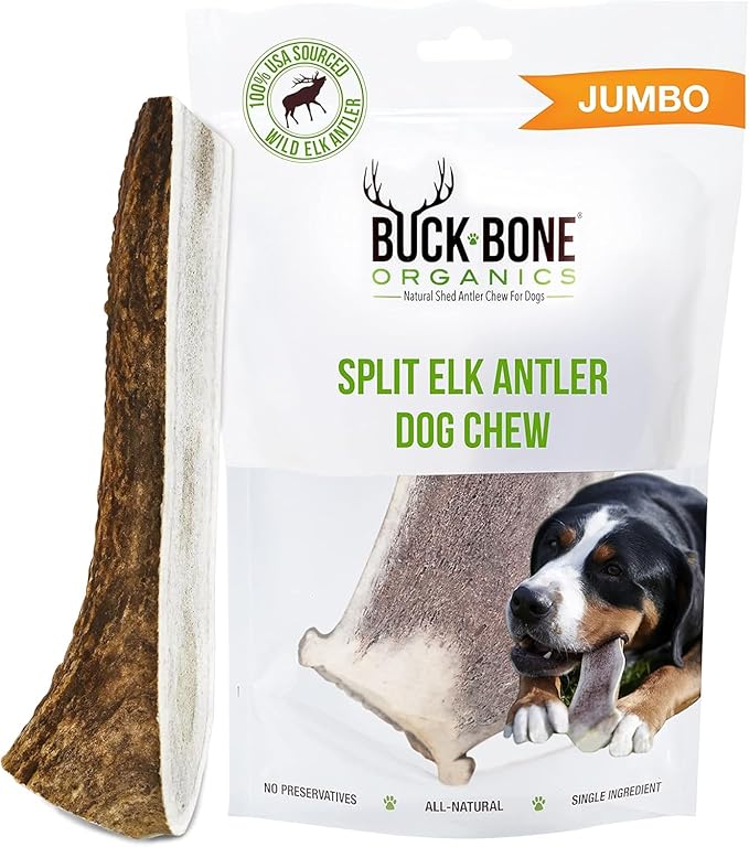 Buck Bone Organics Dog Chews, Elk Antlers for Dogs, Long Lasting Dog Bones for Aggressive Chewers, All Natural, No Preservatives, Wild Shed in The USA (Jumbo)