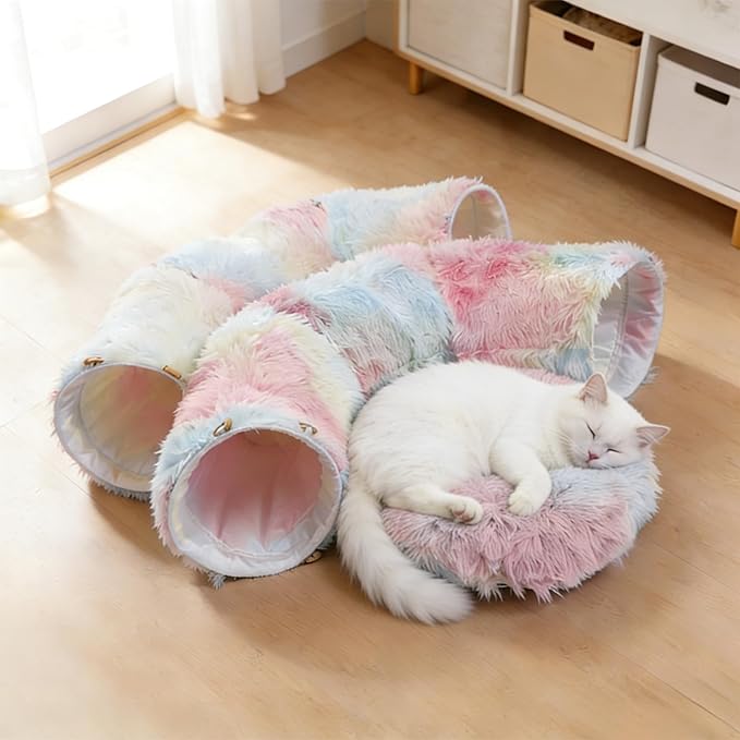 Cat Tunnel with Cat Bed for Indoor Cats, Under Christmas Tree Soft Plush Peekaboo Cat Cave Donut Tunnel, Multifunctional Playground Toys Hideplace for Kittens, Rabbit, Ferret