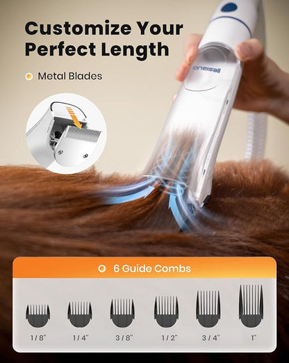 oneisall Dog Vacuum & Dryer for Shedding Grooming, 8 in 1 Dog Grooming Kit with Metal Blade Pet Clippers, Adjustable Speed and Temperature Control Blower