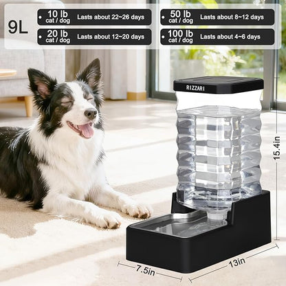 RIZZARI Stainless Steel Pet Waterer: 9L Black Gravity Fed Water Dispenser Leak-Proof for Senior Dogs Joint Care Home Owners - Bedroom Garden Use
