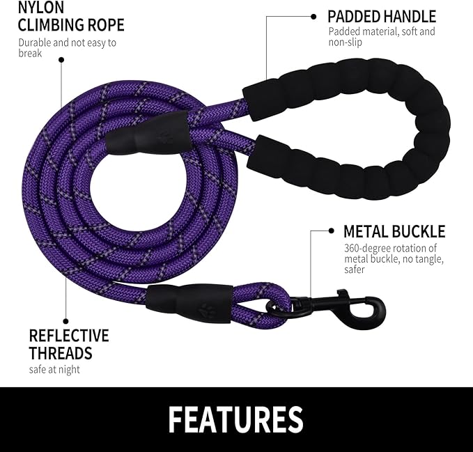 5/6 FT Strong Pet Dog Leash with Soft Padded Handle,Highly Reflective Rope for Night Walking,360-Degree Rotating Metal Buckle Without Tangles,Suitable for Small,Medium and Large Dogs.(6ft)
