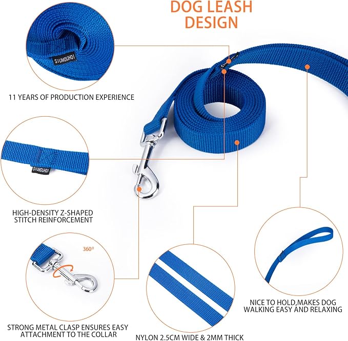 Siumouhoi Strong Durable Nylon Dog Training Leash, 1 Inch Wide Traction Rope, 6 ft 10ft 15ft Long, for Small and Medium Dog (Blue, 6 Feet)