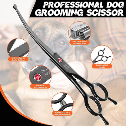 JASON 7.5" Dog Grooming Shear - Professional Up-curved Scissor with Round Tips Japanese Stainless Steel Hair Scissor for Dogs, Cats and Other Pets (Curved with Round Tips, Black) Christmas Gift