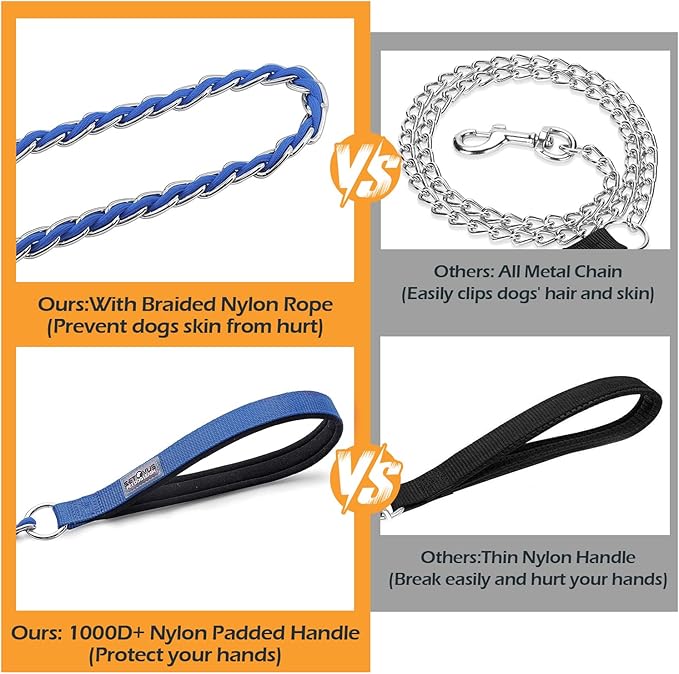 Chew Proof Metal Leash Chain Dog Leash for Medium Large Dogs, Chain Link Anti Chew 4FT Strong Anti Bite Comfortable Soft Padded Handle Blue