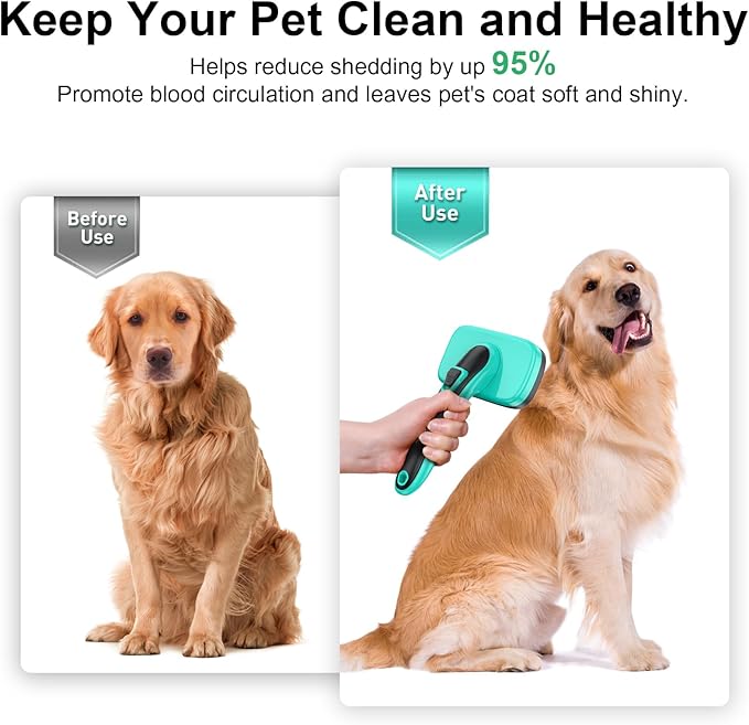 WOPQAEM Self Cleaning Slicker Brush for Dog, Cat, Skin Friendly Shedding & Grooming Tool for Long and Short Haired Pets, Easy Clean Retractable Bristles, Green