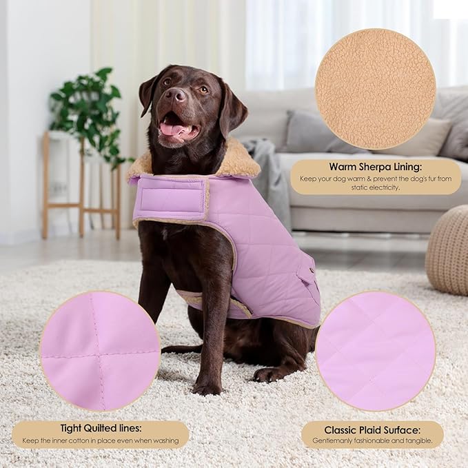 Winter Coat for Medium Dogs, Dog Plaid Jacket, Pets Coat for Cold Weather, Windproof Warm Garments, Pet Thickened Outfits Indoor Outdoor, Lilac M