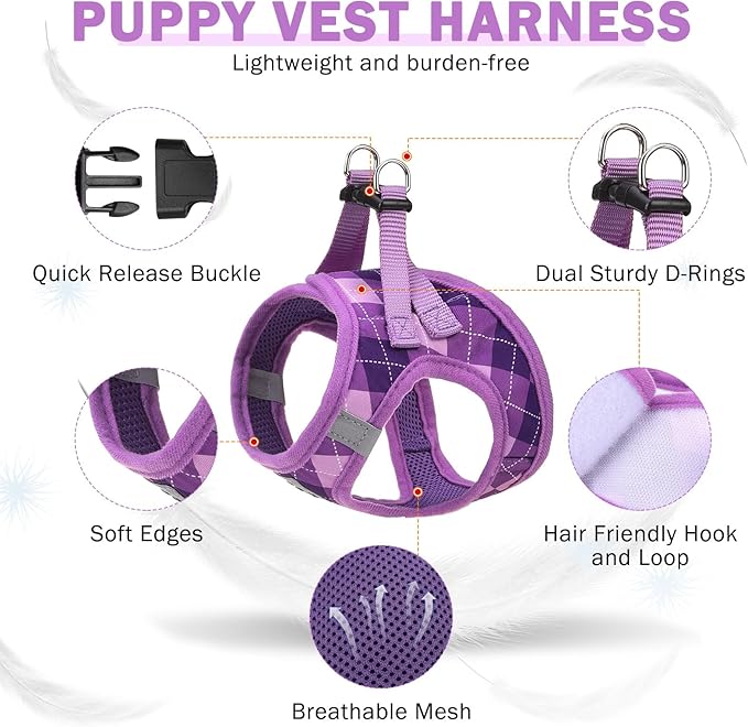 SCENEREAL Small Dog Harness and Leash Collar Set, Step in No Pull Soft Mesh Dog Harnesses for Small Medium Sized Dogs Puppy and Cats Outdoor Walking, No Chock Reflective Vest Harness, Purple Plaid M