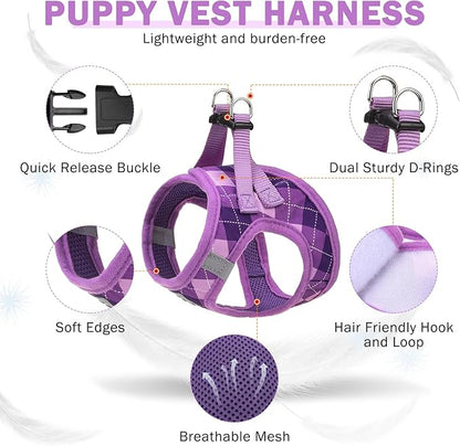 SCENEREAL Small Dog Harness and Leash Collar Set, Step in No Pull Soft Mesh Dog Harnesses for Small Medium Sized Dogs Puppy and Cats Outdoor Walking, No Chock Reflective Vest Harness, Purple Plaid M