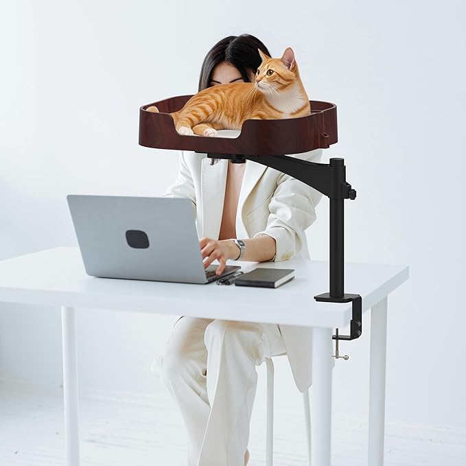 RAKEMETE Cat Desk Bed, Adjustable Up and Down and 360° Rotatable for Elevated Pet Habitat in The Home&Office - Space-Saving, Comfortable Litter, Pet Mat and Removable Indoor Cat Mat