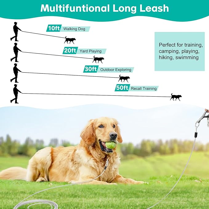 Long Leash Chew Proof, Tie Out Cable for Dogs 10/20/30/50 ft With Carabiner, Leads for Yard Medium Large Dogs, Padded Handle (Grey, 50Ft)