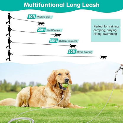 Long Leash Chew Proof, Tie Out Cable for Dogs 10/20/30/50 ft With Carabiner, Leads for Yard Medium Large Dogs, Padded Handle (Grey, 50Ft)