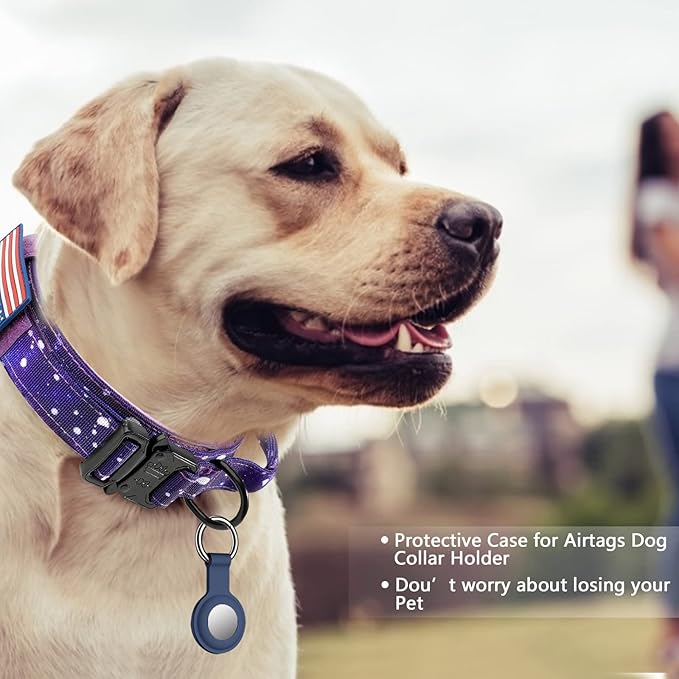 DAGANXI Tactical Dog Collar, Adjustable Military Training Nylon Dog Collar with Control Handle and Heavy Metal Buckle for Medium and Large Dogs, with Patches and Airtags Case (XXL, Purple Sky-Set)