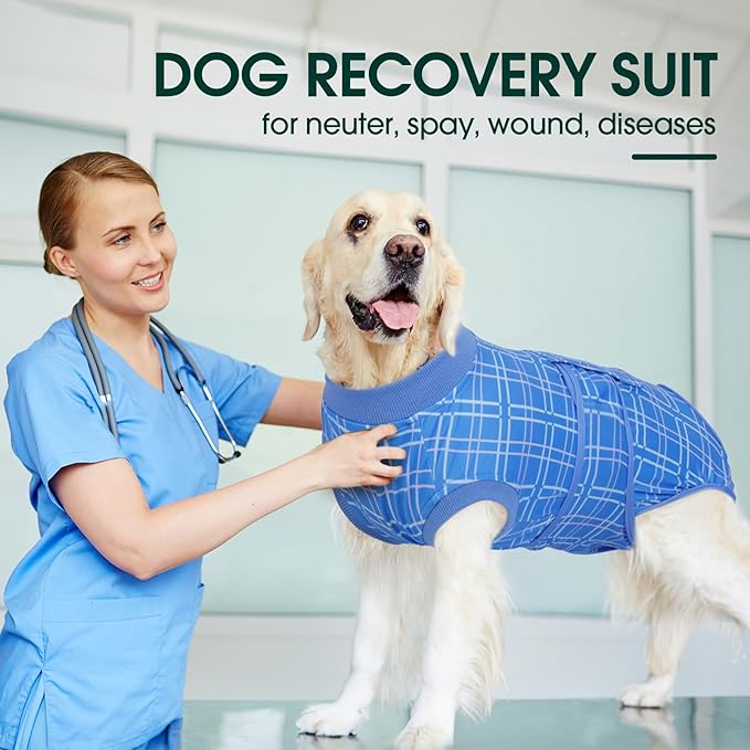 Kuoser Dog Recovery Suit for Female Male Dogs, Post-Surgery Bodysuit for Spay Neuter, Dog Onesie After Surgery, Anti-Licking Pet Surgical Recovery Suit, Blue L