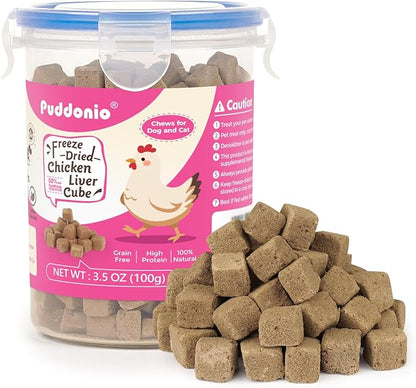 Puddonio Freeze Dried Cats & Dogs Raw Treats, All Natural Single Ingredient Chicken Liver, High Protein Healthy Pet Training Treats or Food Topper, 3.5 oz